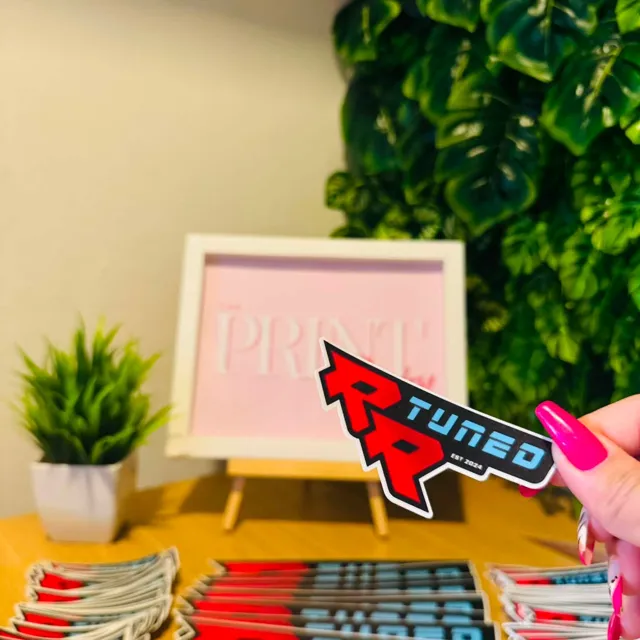 Die-cut RR Tuned stickers printed by The Print Pantry