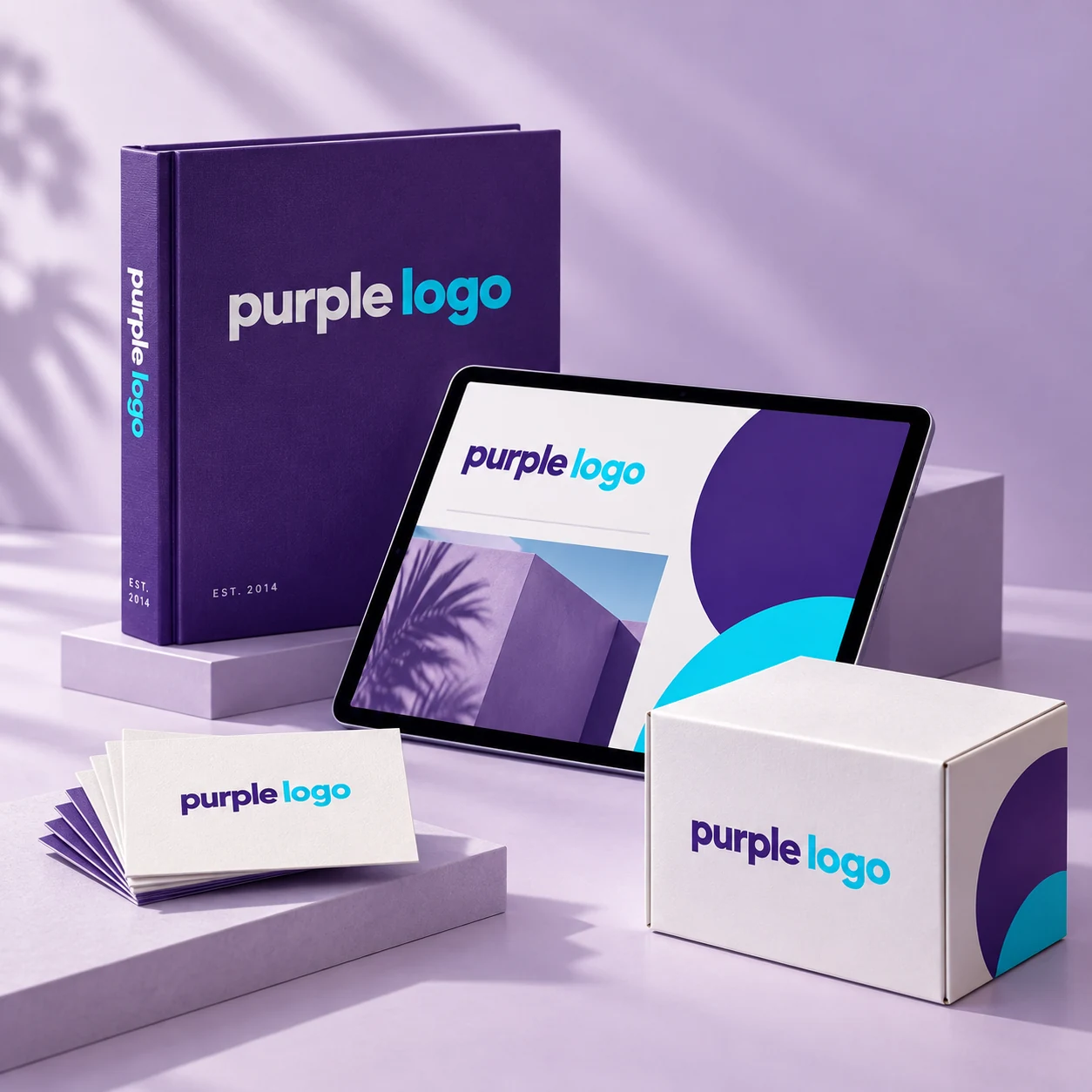 Purple Logo brand identity displayed on a brand book, business cards, packaging and a tablet