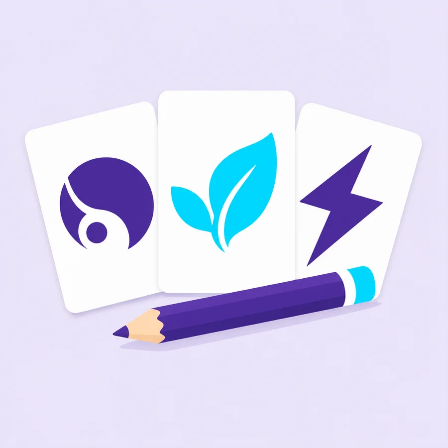 Illustration of three logo concept cards with a pencil