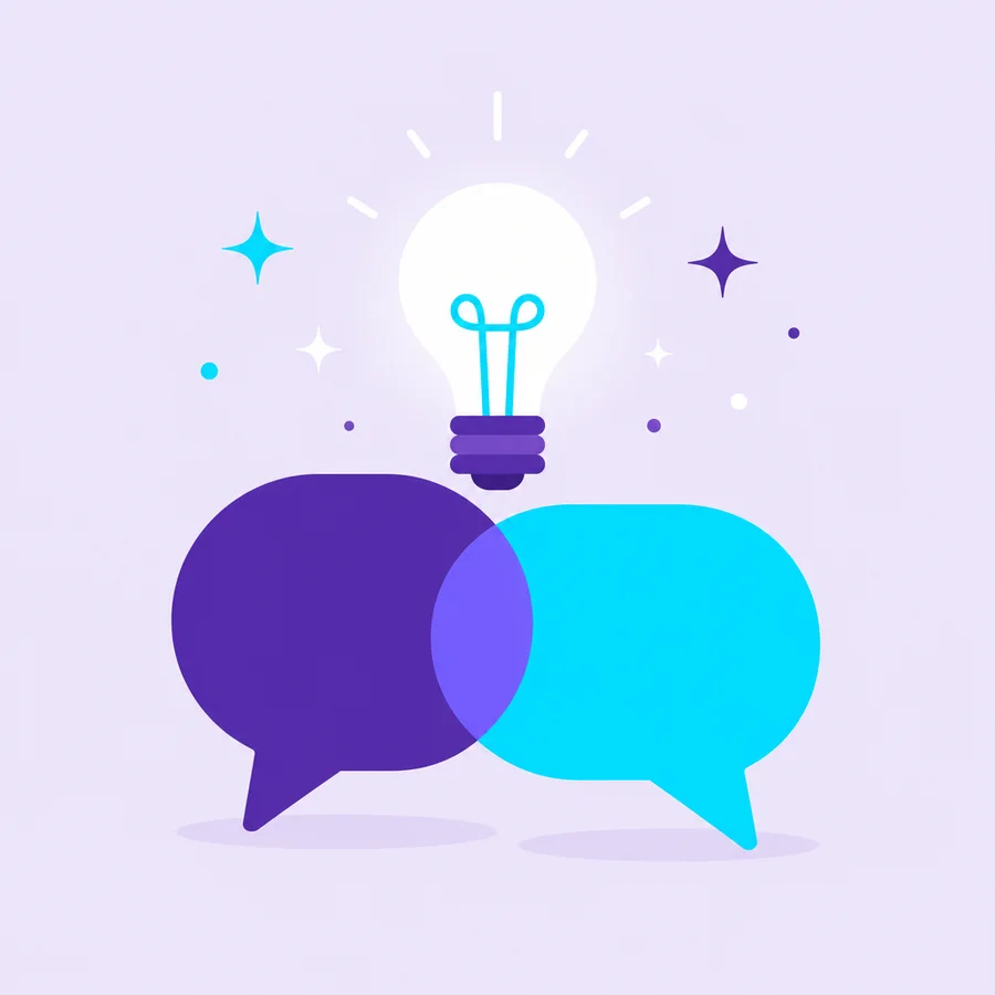 Illustration of two chat bubbles with a bright lightbulb idea