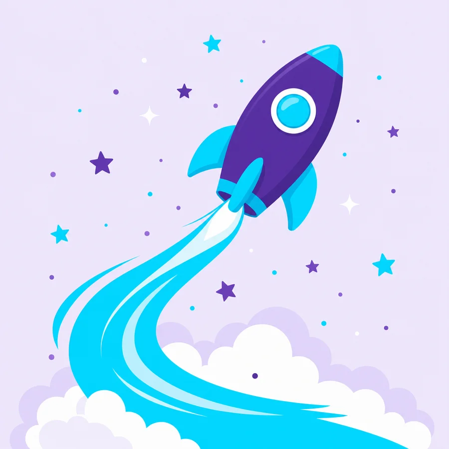 Illustration of a rocket launching with a sweeping cyan trail