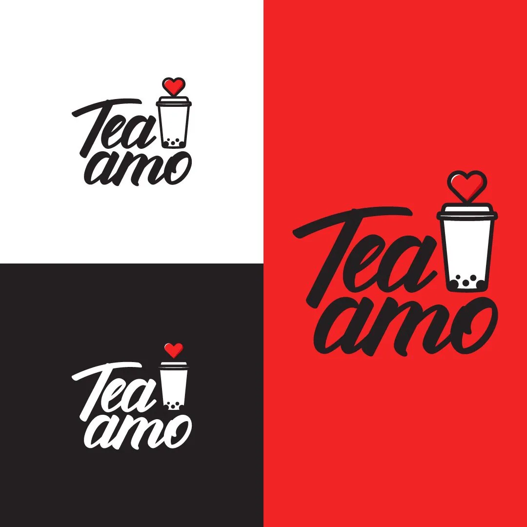 Tea Amo script logo in red and white